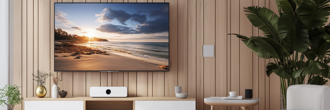 TV hanging on a wall without any cables visible | Marmitek