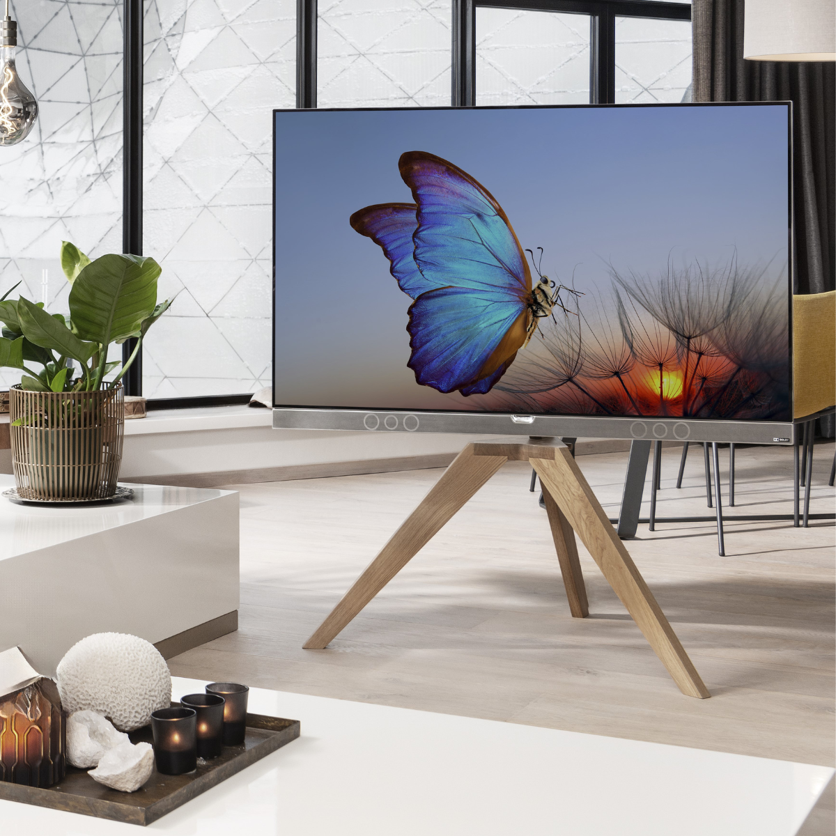 TV Anywhere Wireless 4K - Wireless HDMI extender - Ambince Image of a TV free standing in living room, no HDMI cable! | Marmitek