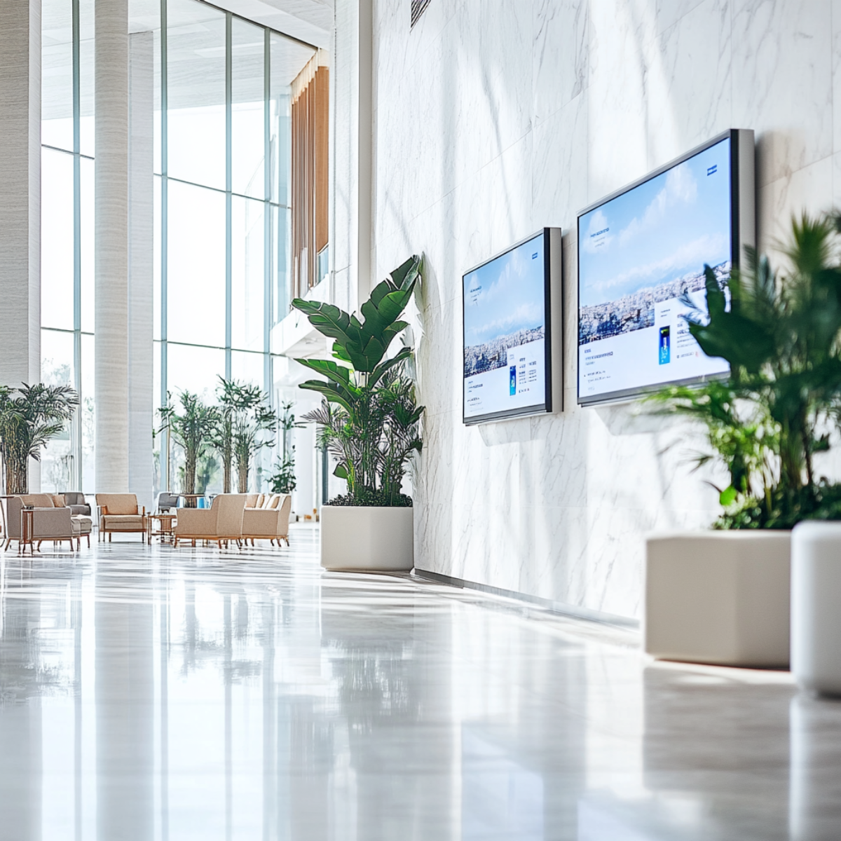 Split 612 Pro - 4K HDMI splitter 1 in / 2 out - Ambiance Image of 2 screens in the lobby of a business center | Marmitek