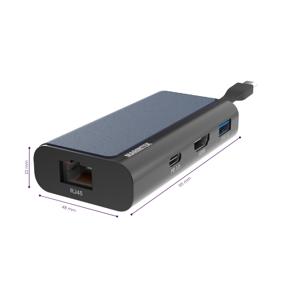 Connect USB-C Hub 4 - USB-C hub with HDMI, Ethernet, USB-C, USB-A connection - Product Dimensions Image | Marmitek