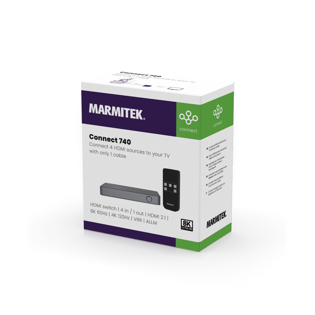 Connect 740 - HDMI switch 4K 120Hz, 8K 60Hz - 4 in / 1 out - 3D Packshot Image | Marmitek