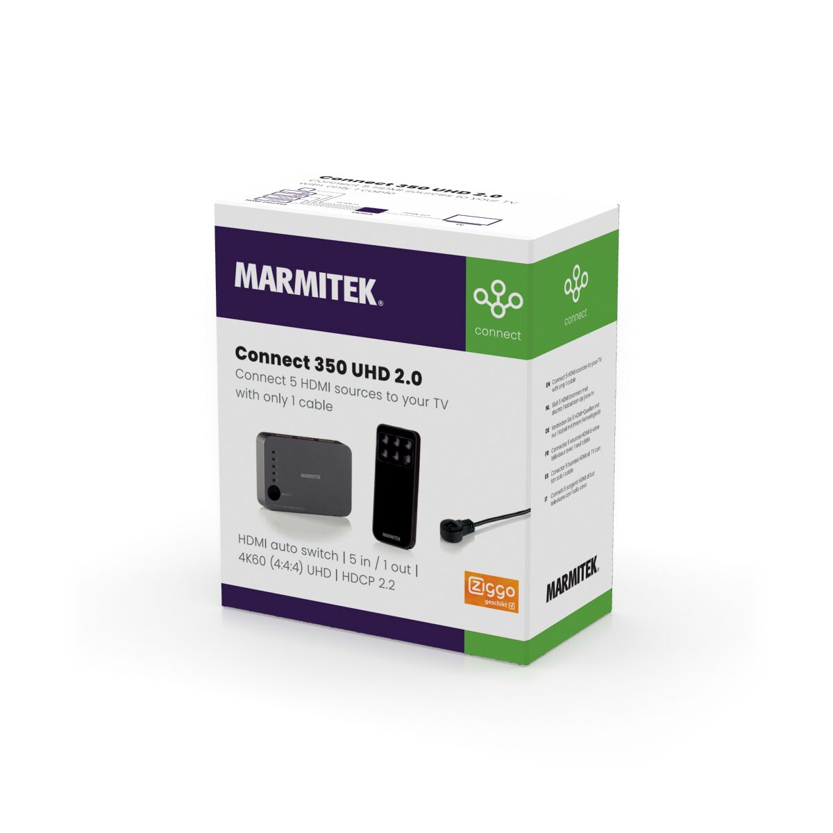 Connect 350 UHD 2.0 - 4K HDMI switch 5 in / 1 out - 3D Packshot Image | Marmitek