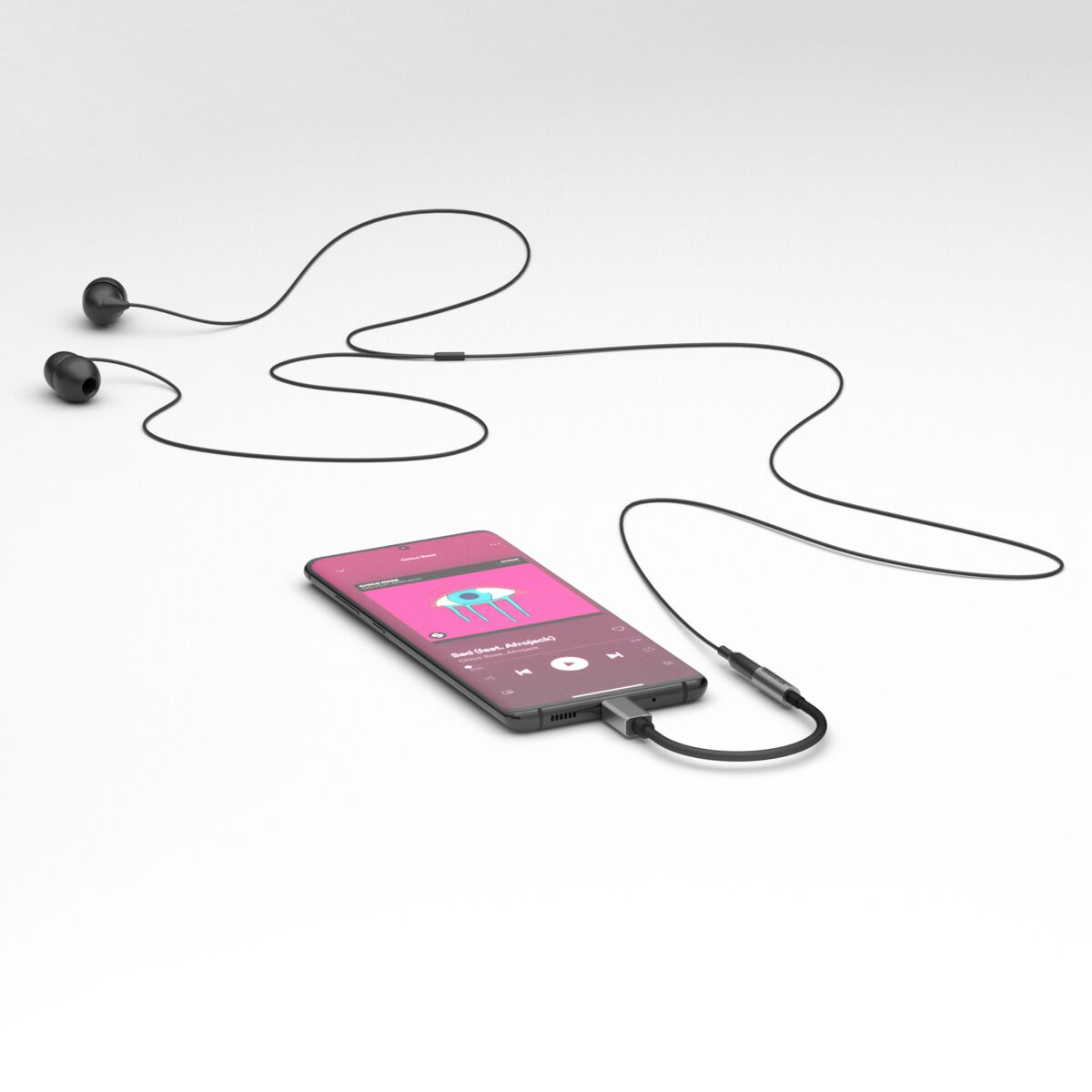 USB-C to AUX adapter - Wired Earbuds connects to Smartphone via USB-C to AUX adapter Image | Marmitek