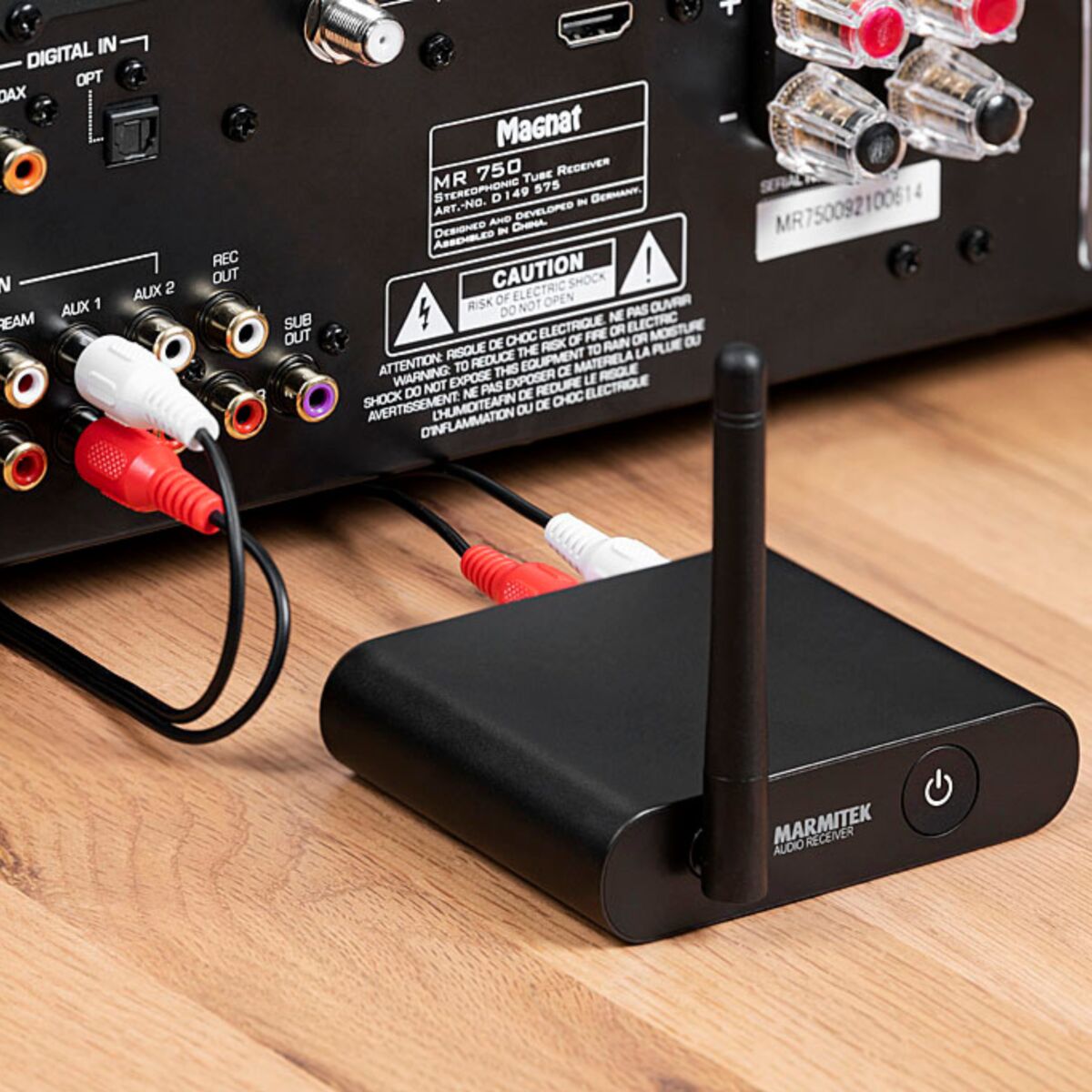 Audio Anywhere 630 - Audio Transmitter - Audio Receiver connected to AV Receiver | Marmitek