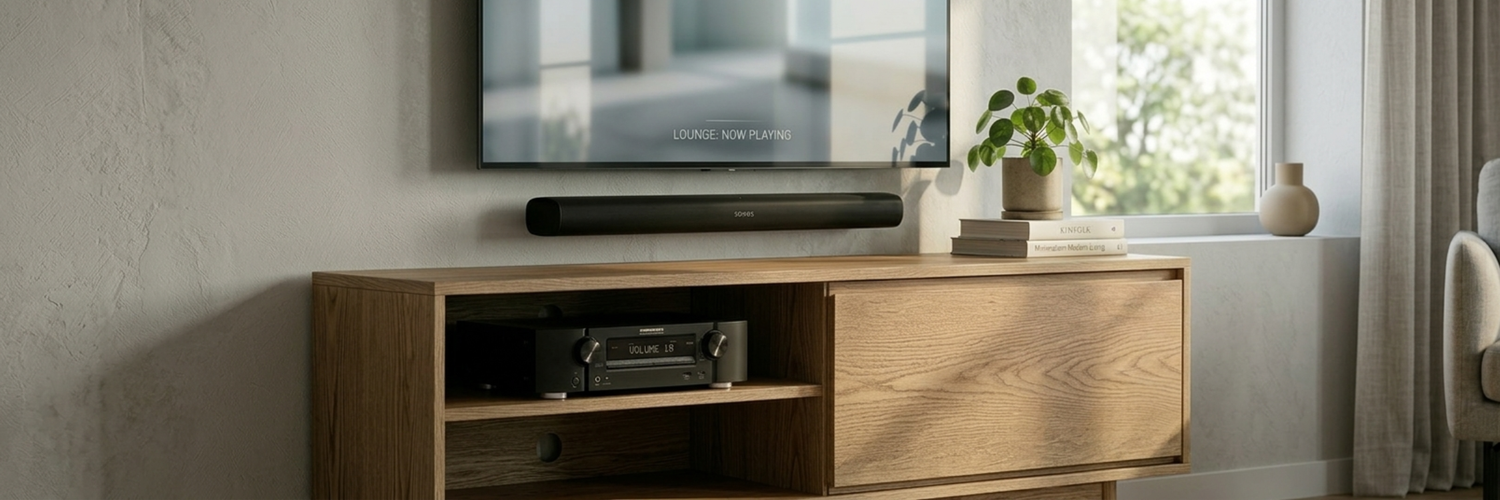 A tv with soundbar and reciver in a cabinet in a modern living room - Marmitek