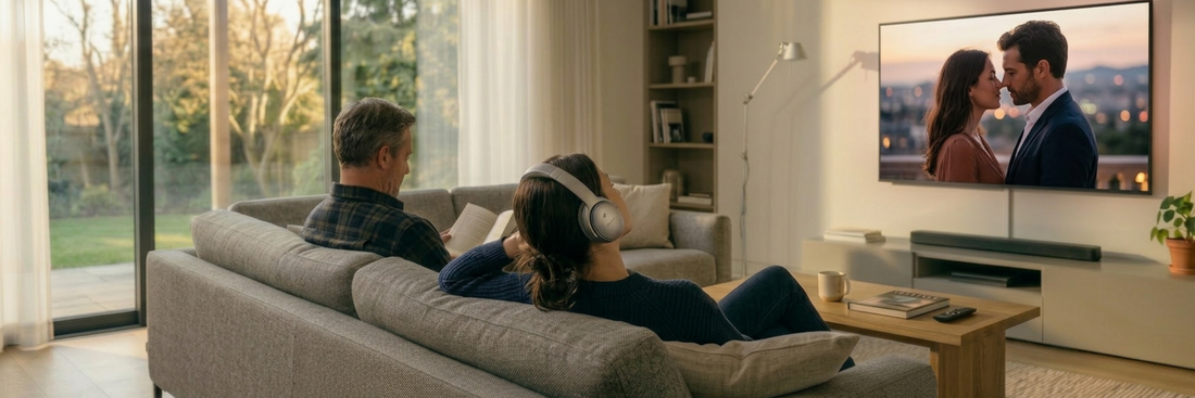 Living room with a person watching tv with headphones on the head and a person reading a book | Marmitek