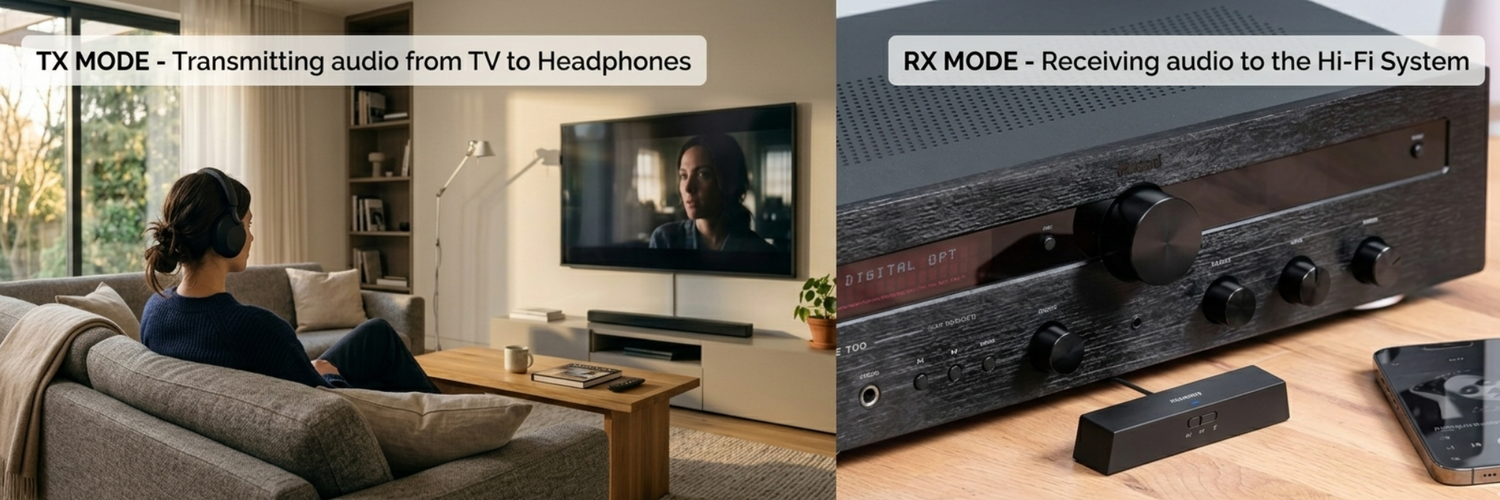 Image showing the TX mode and the RX mode of a 2 in 1 Bluetooth receiver and transmitter | Marmitek