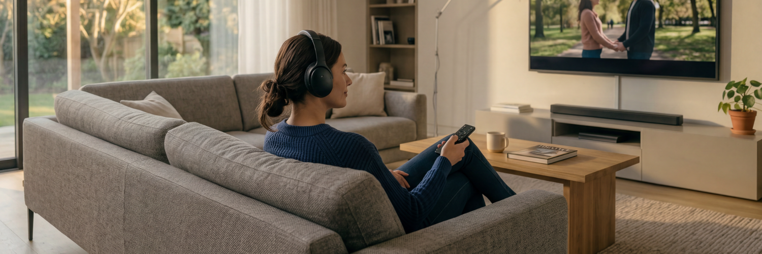 Woman on a couch with wioreless BLuetooth headphones watching TV | Marmitek