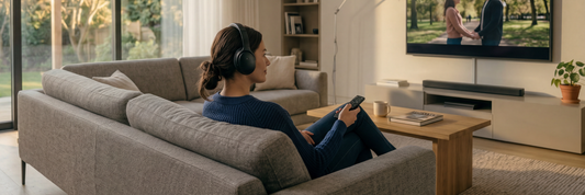 Woman on a couch with wioreless BLuetooth headphones watching TV | Marmitek