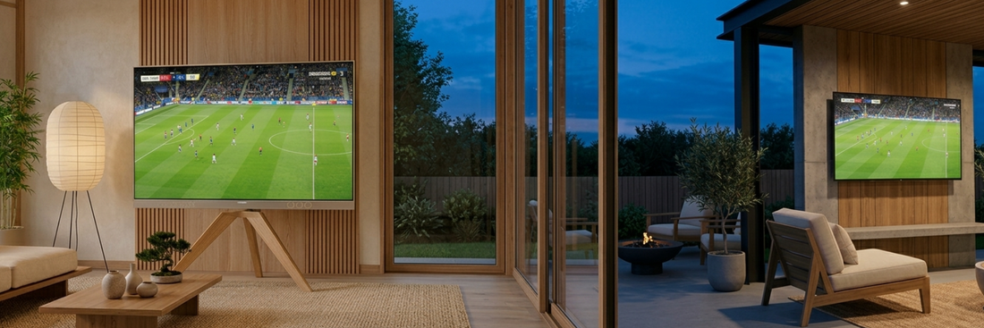 TV Anywhere Wireless 4K LL - Wireless 4K HDMI extender - A living room with a tov with a look through to the garden also showing a TV with the same soccer match
