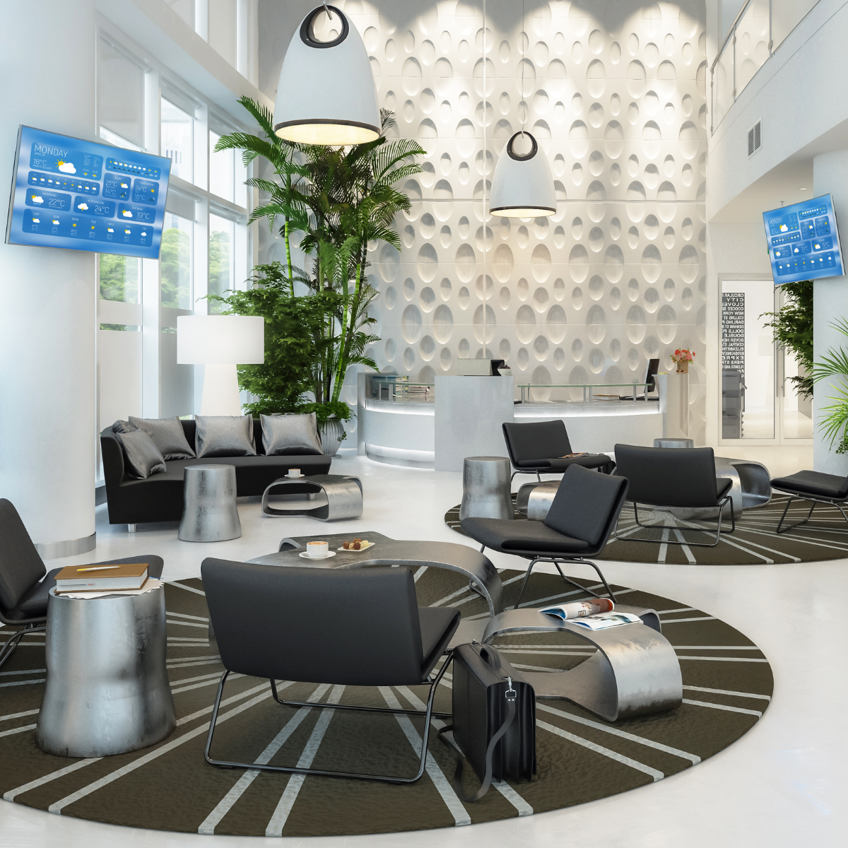 IR Control 10 - IR extender - Ambiance Image of 2 displays in a hotel lobby | Marmitek