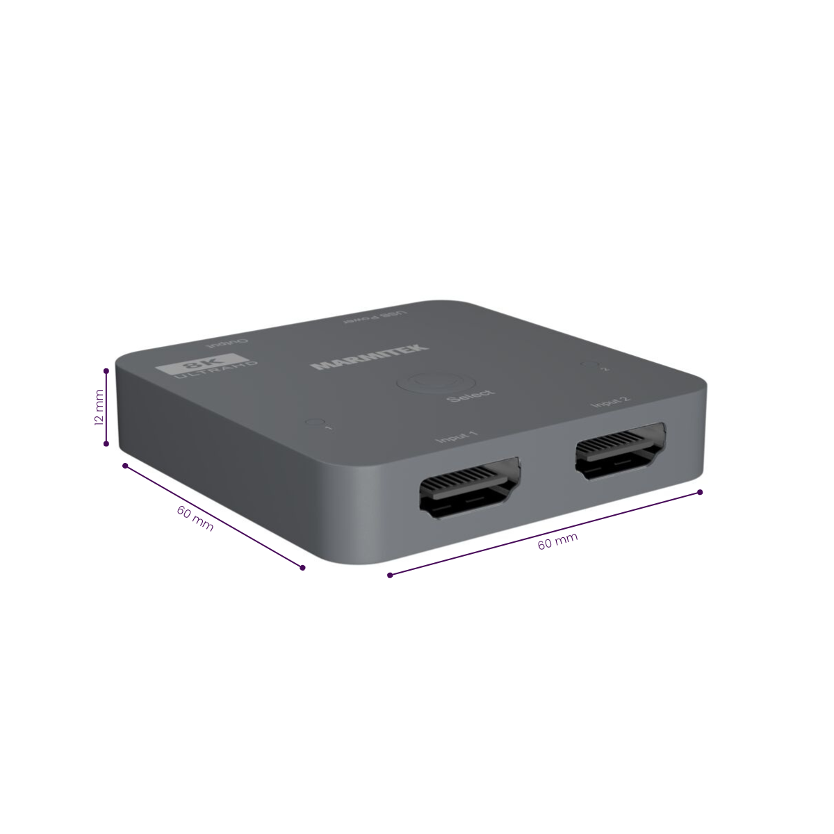 Connect 720 - HDMI switch 4K 120Hz, 8K 60Hz - 2 in / 1 out - Dimensions Image | Marmitek