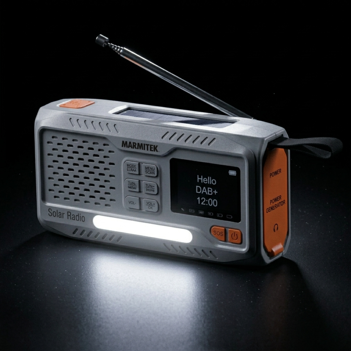 RESQ 100 - Wind-up radio with solar panel and hand crank - Detail Image radio with readlng light on | Marmitek