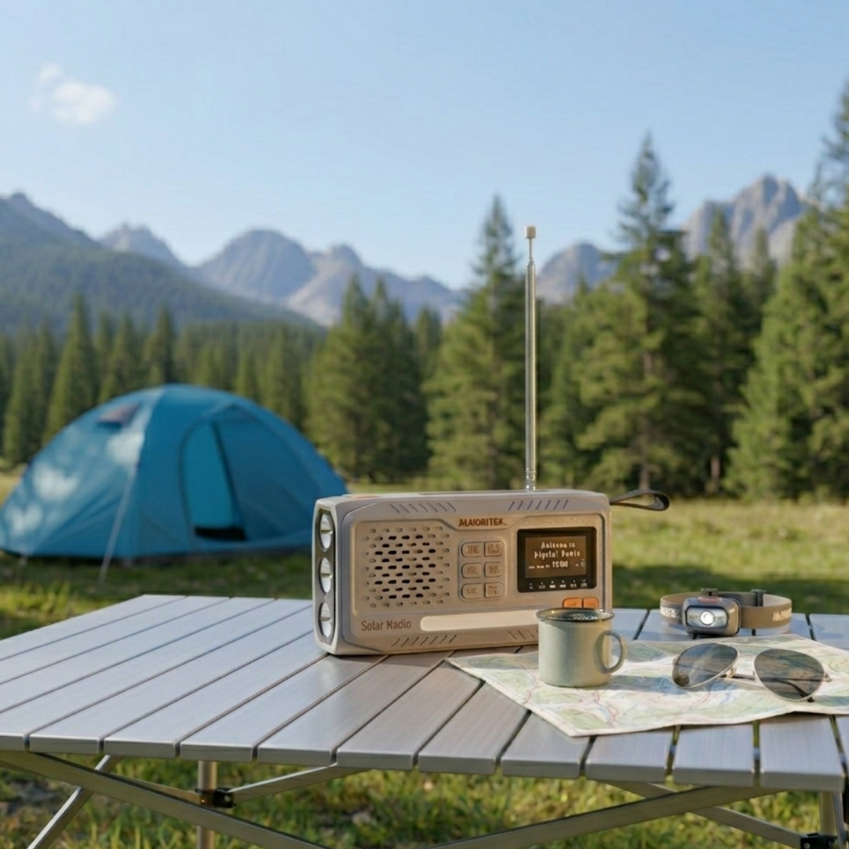 RESQ 100 - Wind-up radio with solar panel and hand crank - Ambiance Image radio on a camping table with smap site in the background | Marmitek