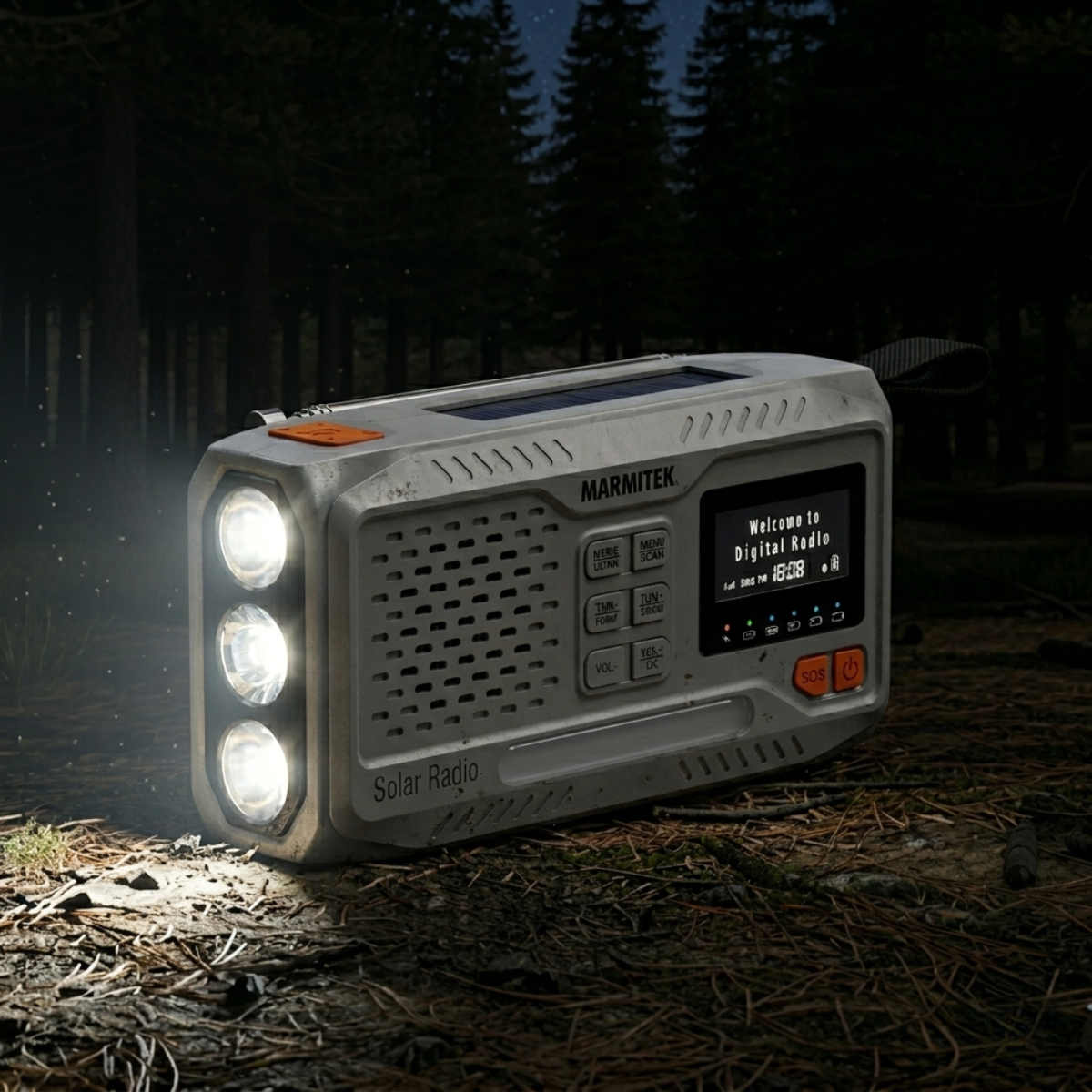 RESQ 100 - Wind-up radio with solar panel and hand crank - Ambiance Image of the radio in the woods in the middle of the night with flashlight on | Marmitek