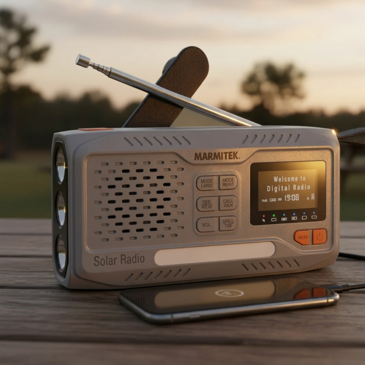 RESQ 100 - Wind-up radio with solar panel and hand crank - Ambiance Image of radio on a camping table charging a smartphone | Marmitek