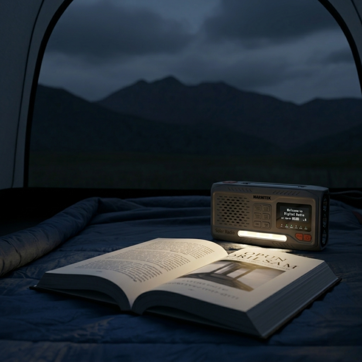 RESQ 100 - Wind-up radio with solar panel and hand crank - Ambiance image radio in a tent using the reading light | Marmitek