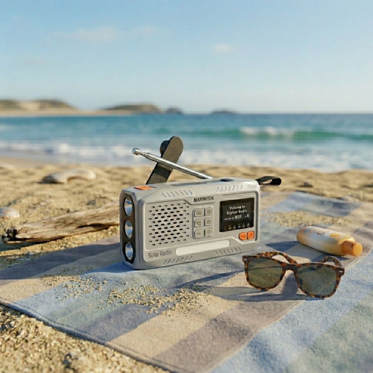 RESQ 100 - Wind-up radio with solar panel and hand crank - Ambiance Image radio on a beach towel on the beach | Marmitek