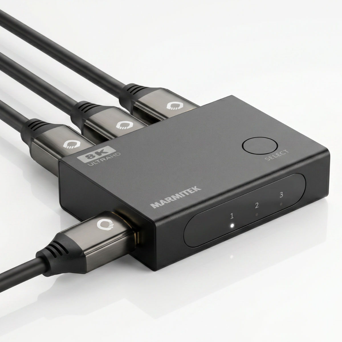 Connect 730 - HDMI switch 4K 120Hz, 8K 60Hz - 3 in / 1 out - Product Image with 3 HDMI cables in and 1 HDMI cable out | Marmitek