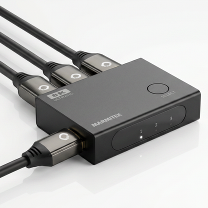 Connect 730 - HDMI switch 4K 120Hz, 8K 60Hz - 3 in / 1 out - Product Image with 3 HDMI cables in and 1 HDMI cable out | Marmitek