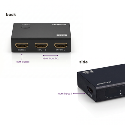 Connect 730 - HDMI switch 4K 120Hz, 8K 60Hz - 3 in / 1 out - Connections Image with text | Marmitek