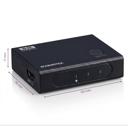 Connect 730 - HDMI switch 4K 120Hz, 8K 60Hz - 3 in / 1 out - Dimensions Image | Marmitek