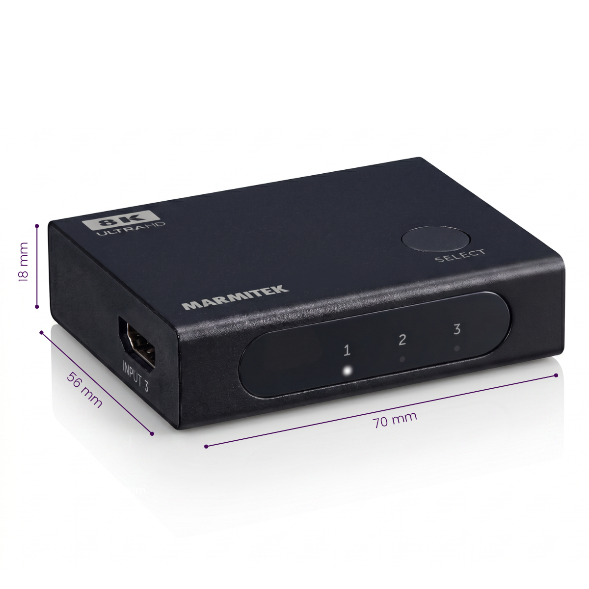 Connect 730 - HDMI switch 4K 120Hz, 8K 60Hz - 3 in / 1 out - Dimensions Image | Marmitek