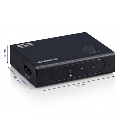 Connect 730 - HDMI switch 4K 120Hz, 8K 60Hz - 3 in / 1 out - Dimensions Image | Marmitek