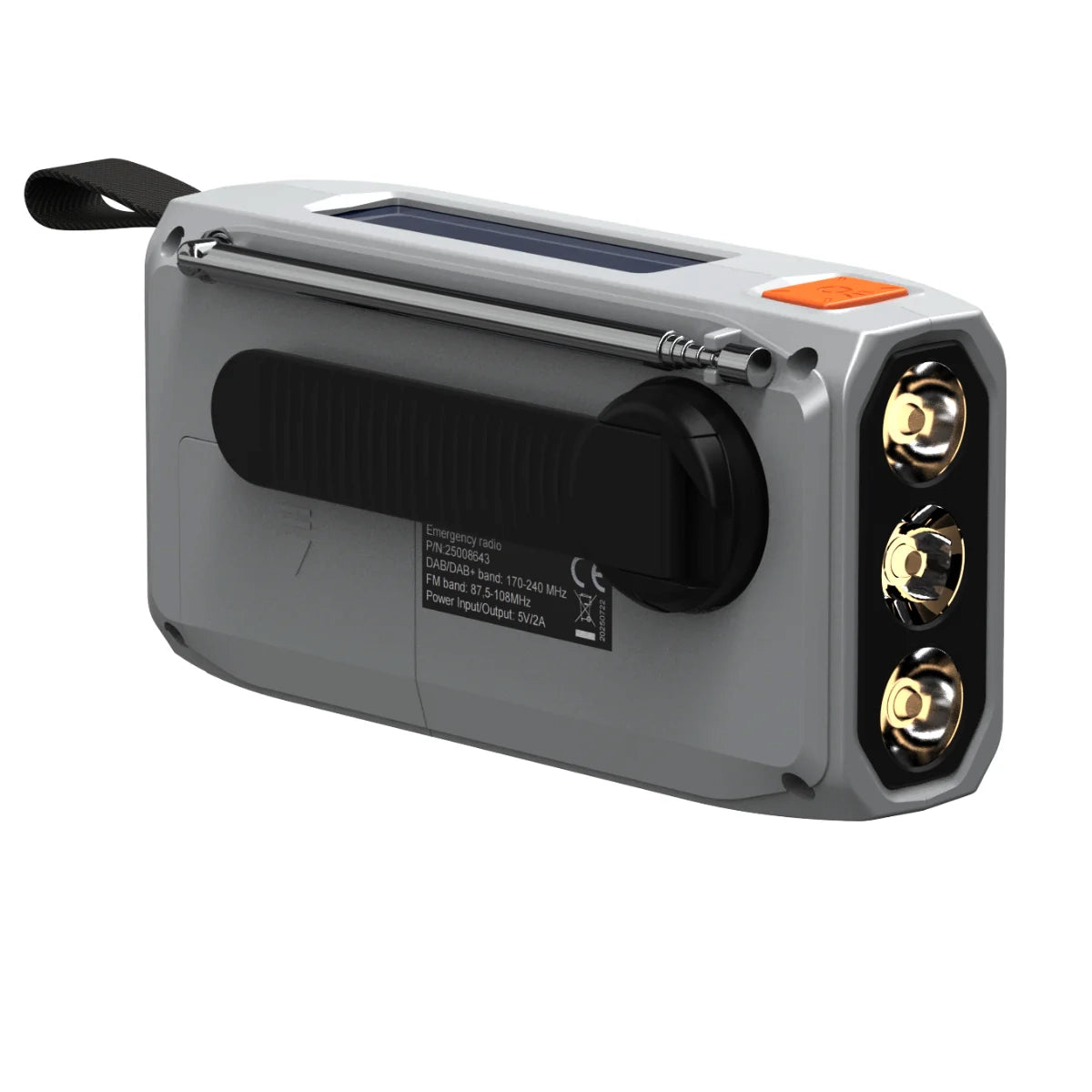RESQ 100 - Wind-up radio with solar panel and hand crank - Back View Image with hand crank and antenna | Marmitek