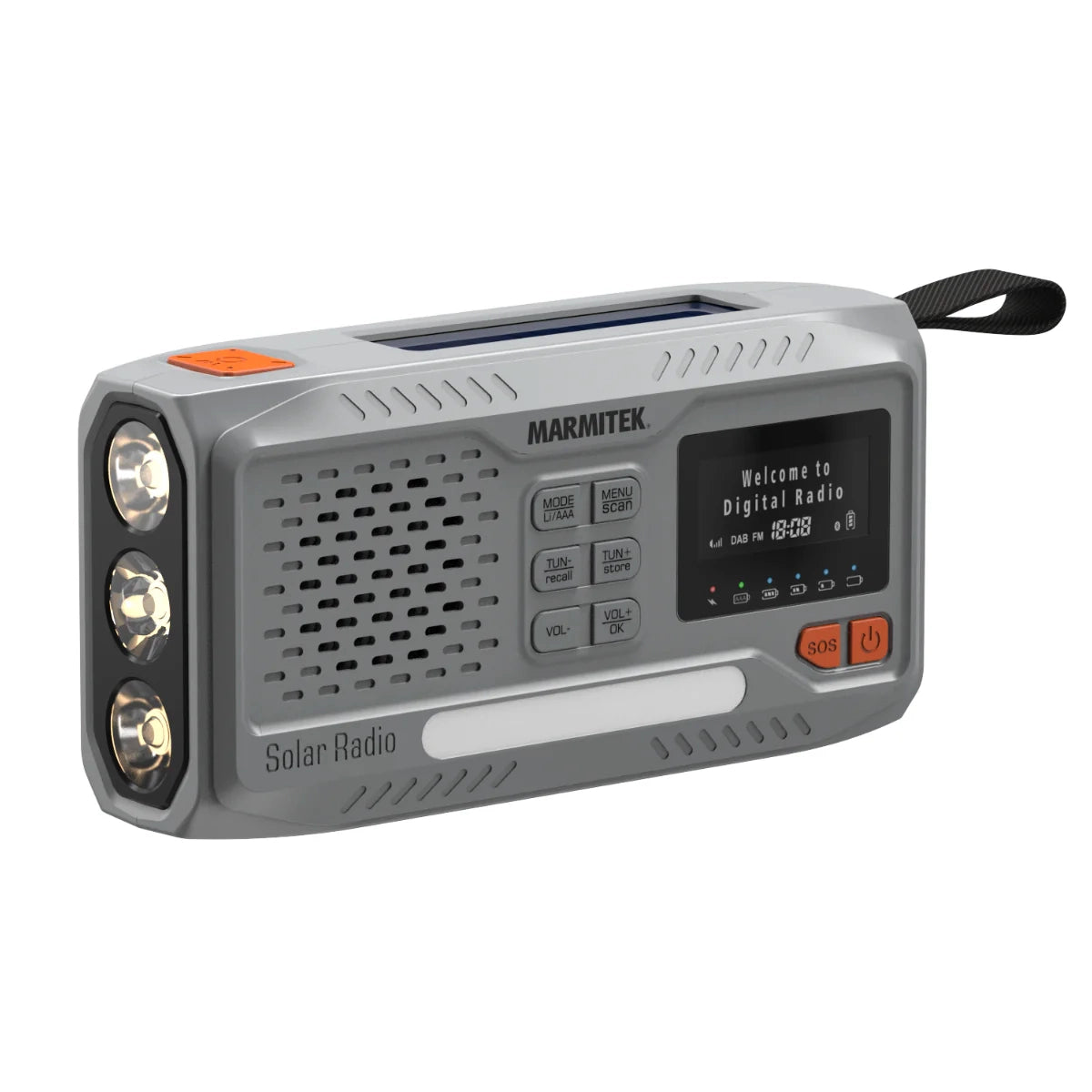 RESQ 100 - Wind-up radio with solar panel and hand crank - Product Image wtih antenna and hand crank not visible | Marmitek