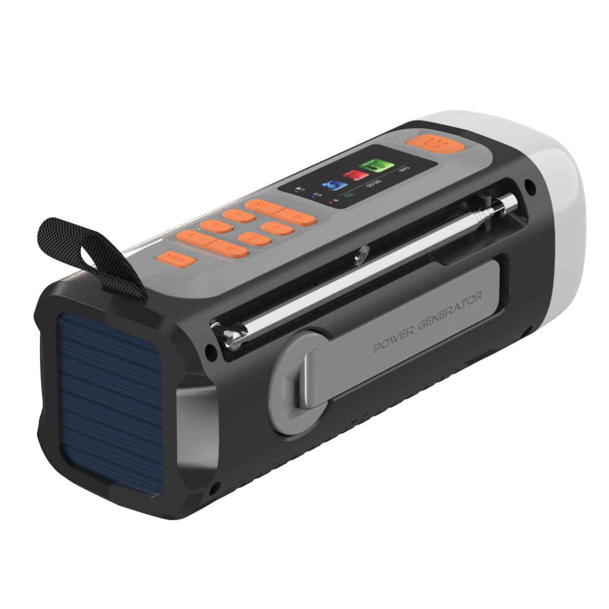 RESQ 200 - Emergency radio with solar panel and camping light - Detail image with Top View and Back View | Marmitek
