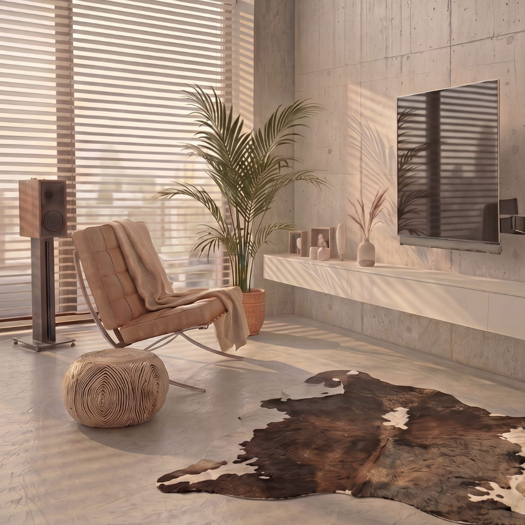 Ambiance image of a living room with TV and speakers to show a wireless connection between TV and active speakers