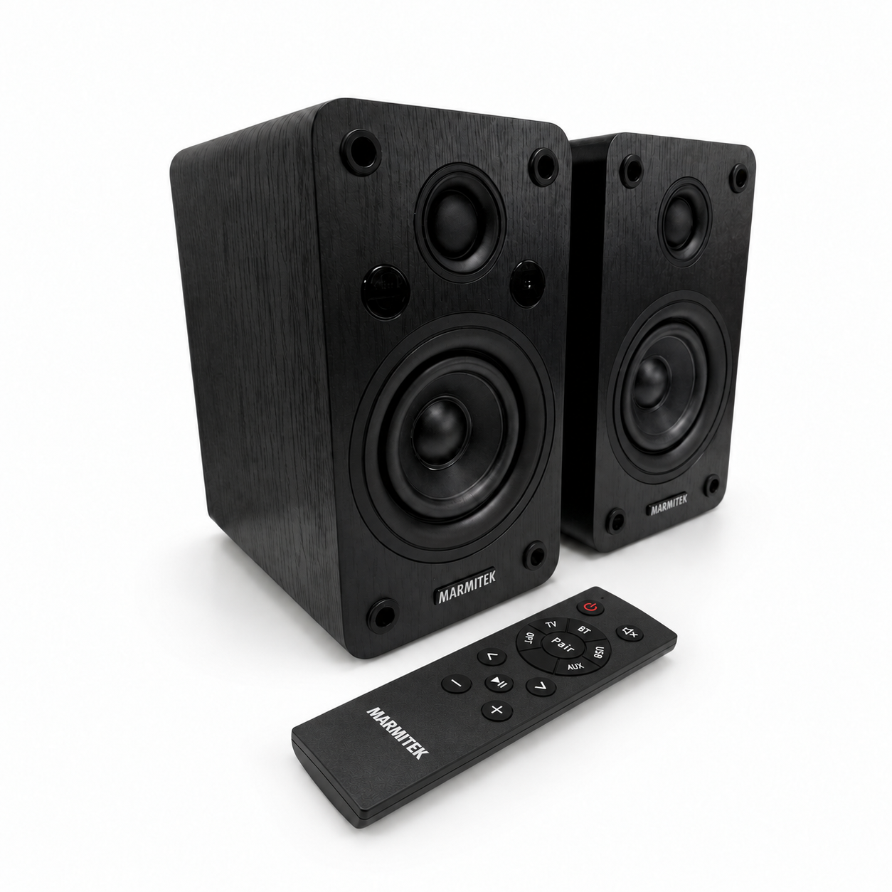 Soundex S300 - Acrtive Desktop speakers - Product Image without grille and with remote control | Marmitek