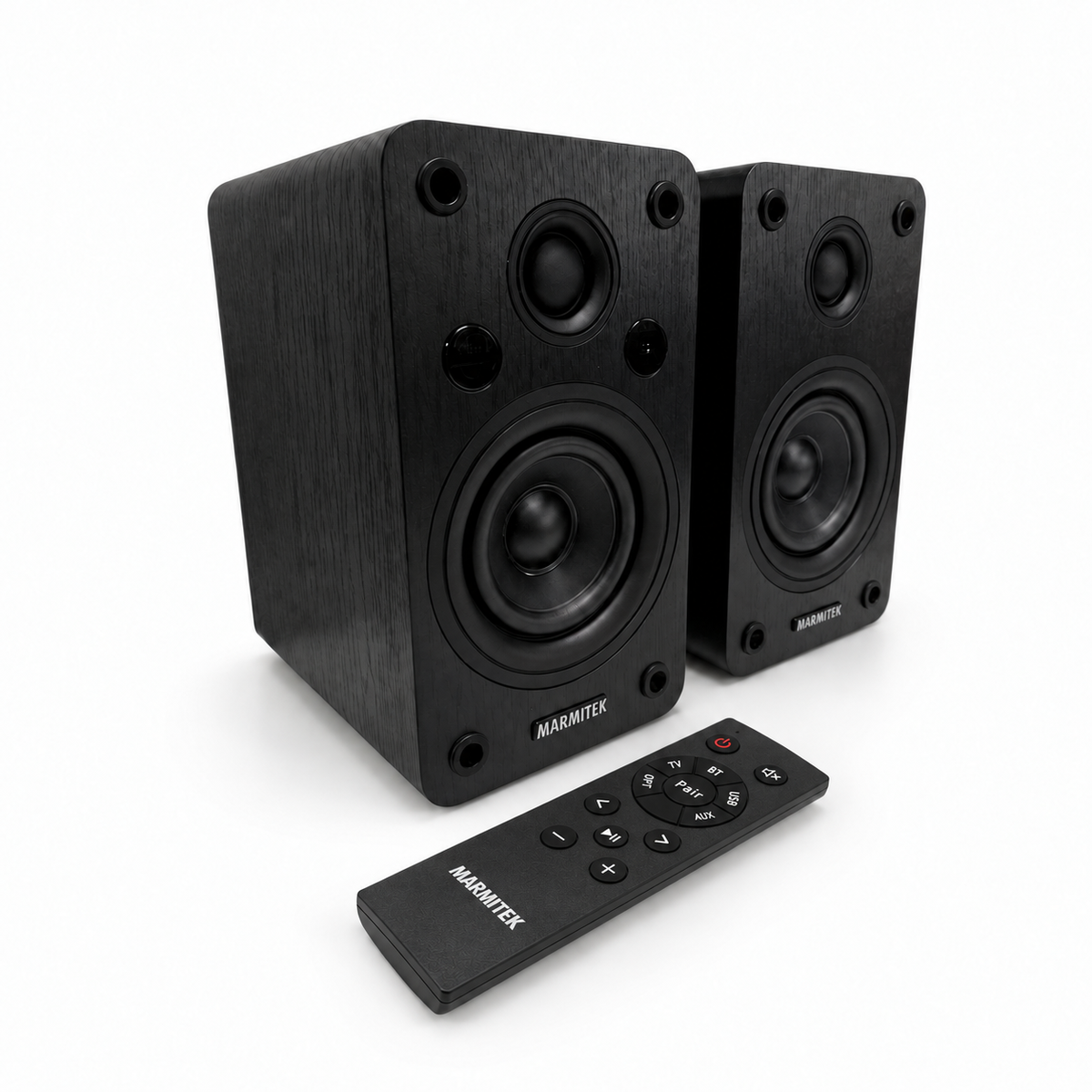 Soundex S300 - Acrtive Desktop speakers - Product Image without grille and with remote control | Marmitek