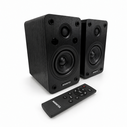 Soundex S300 - Acrtive Desktop speakers - Product Image without grille and with remote control | Marmitek