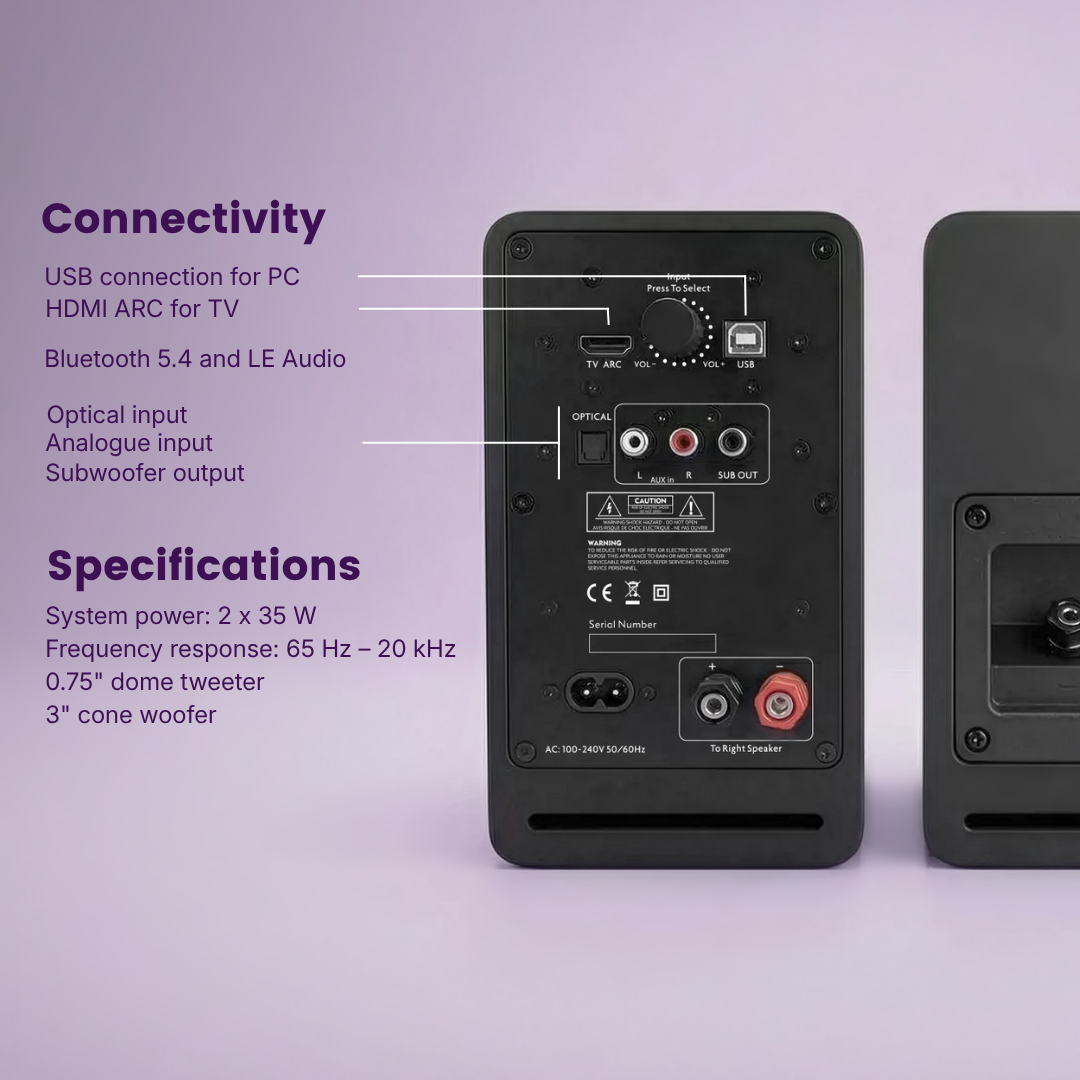 Soundex S300 - Active Desktop speakers - Back View Image with specifications in text | Marmitek