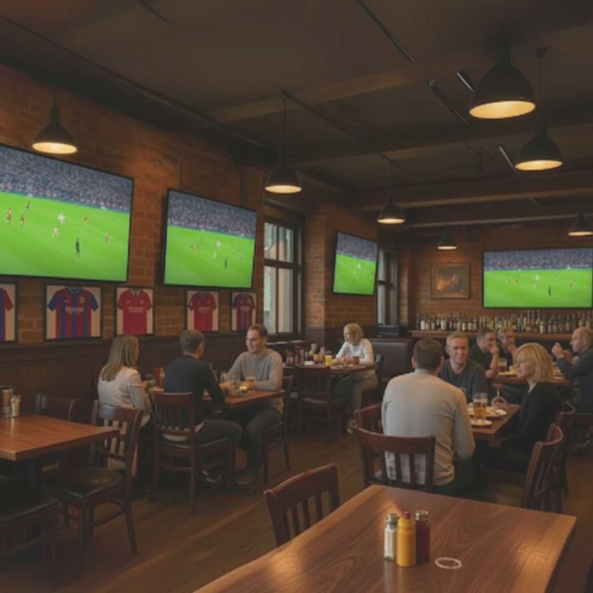 Split 814 Pro - 8K HDMI splitter - Ambiance Image 1x4 - Sports bar with 4 tv's showing a footbaal match | Marmitek 