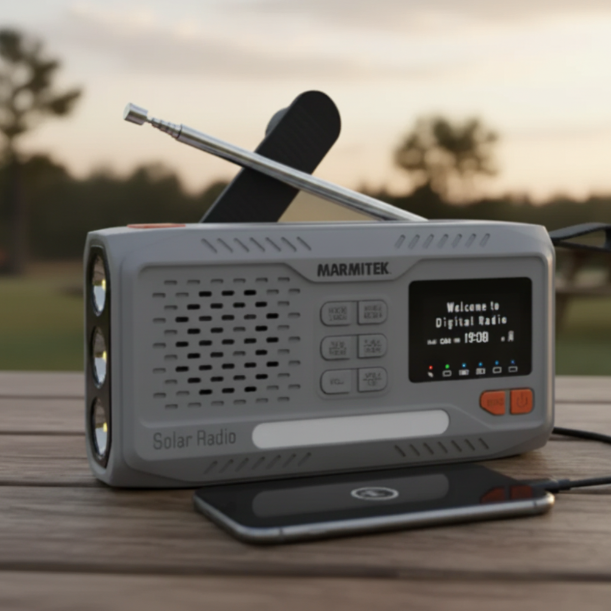 RESQ 100 - Wind-up radio with solar panel and hand crank - Ambiance Image of radio on a camping table charging a smartphone | Marmitek