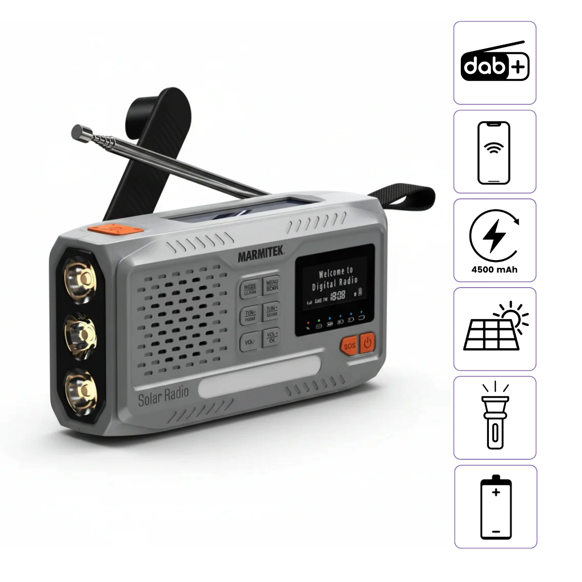 RESQ 100 - Wind-up radio - DAB+radio, Bluetooth, Built-in battery, Solar panel, Flash light, Battery charging icon | Marmitek