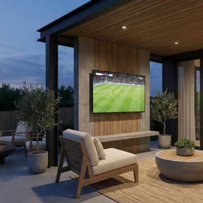 TV Anywhere Wireless 4K LL - Wireless 4K HDMI extender with low latency  - Ambiance Image of a TV on a wall on a roofed terrace | Marmitek