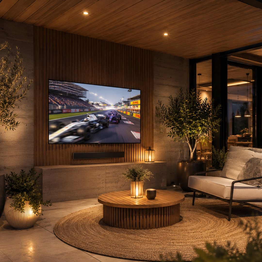 TV outside on a terrace featuring a Fomule 1 race - Wireless HDMI extender | Marmitek