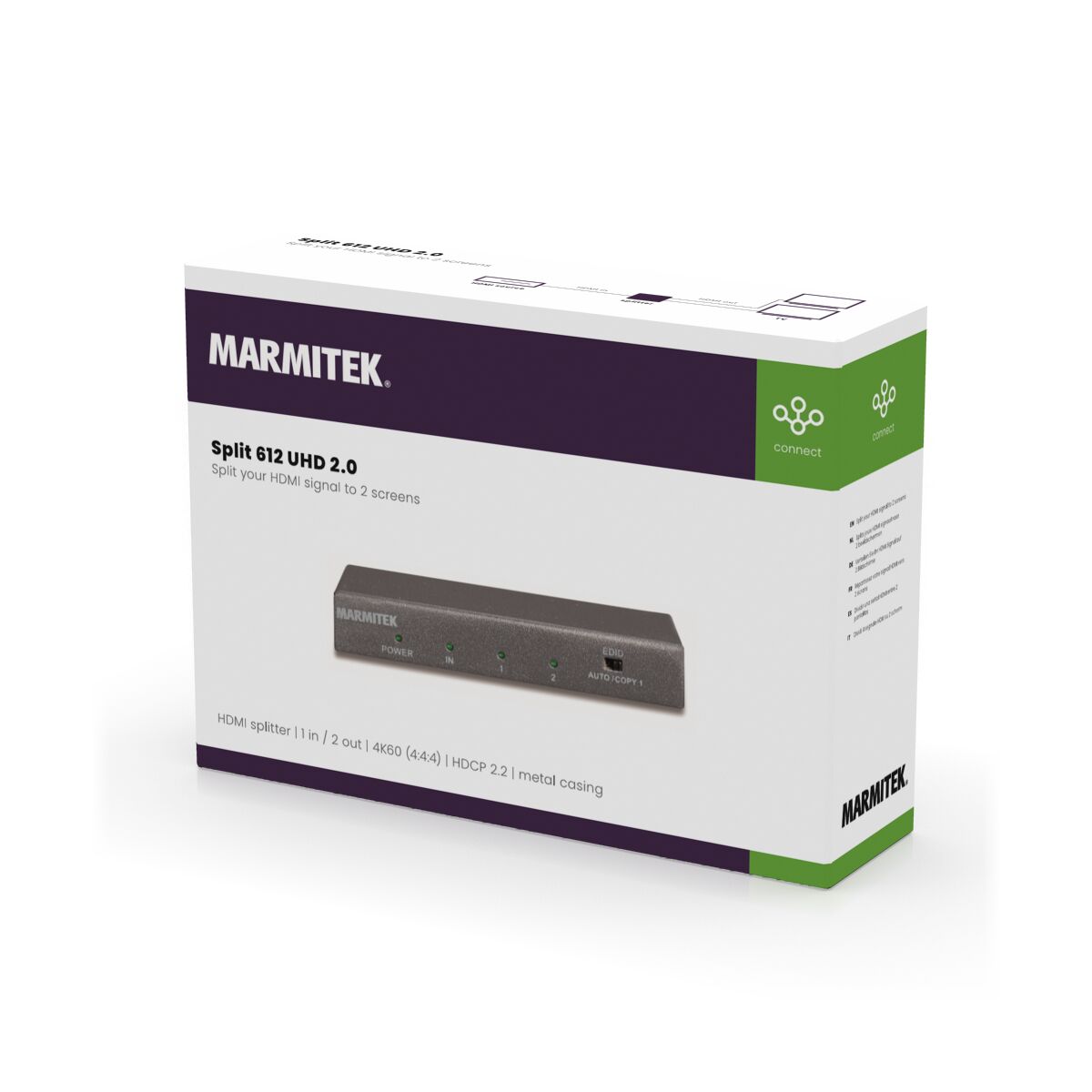 Split 612 UHD 2.0  - 4K HDMI splitter  1 in / 2 out - 3D Packshot Image | Marmitek