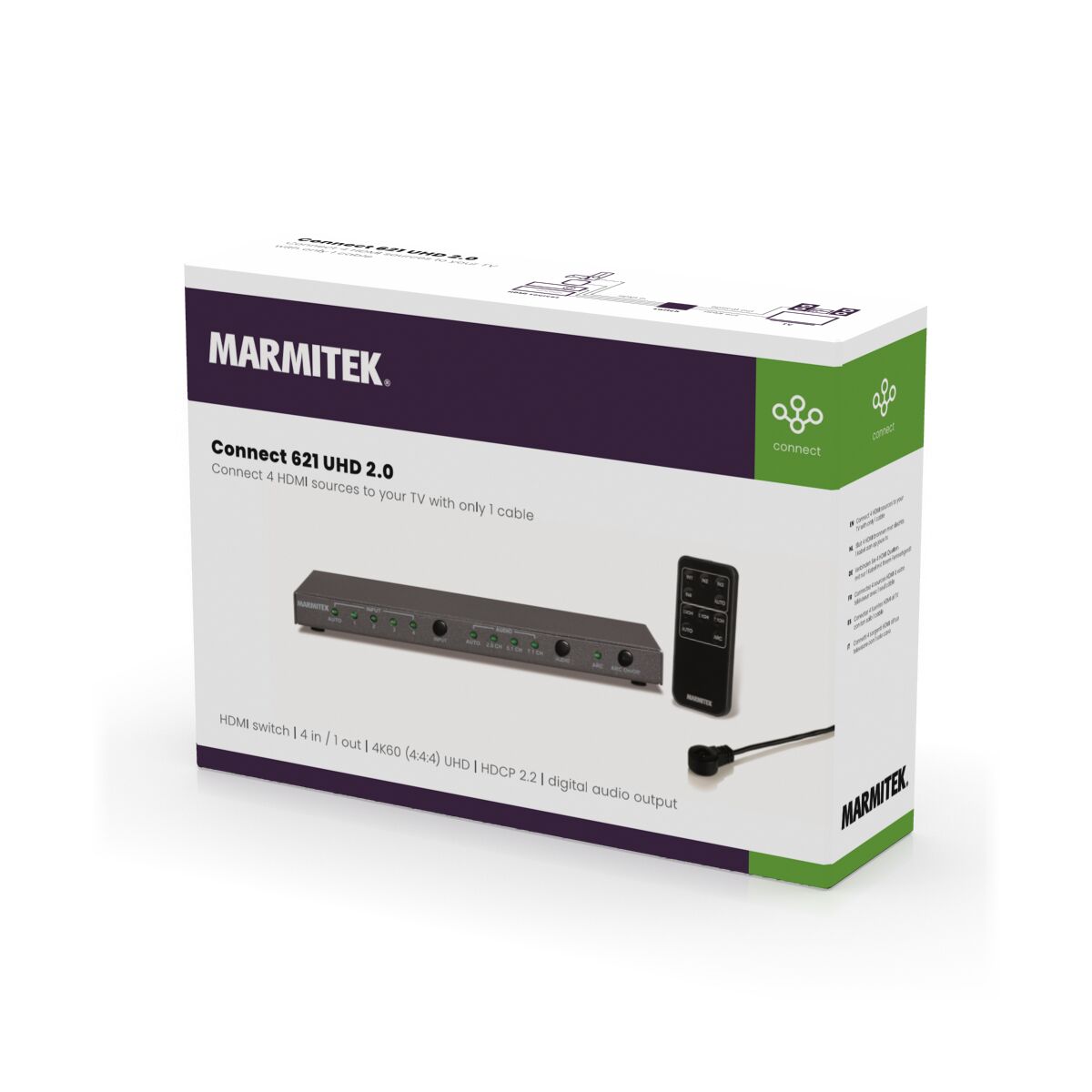 Connect 621 UHD 2.0 - 4K HDMI switch 4 in / 1 uit - 3D Packshot Image | Marmitek