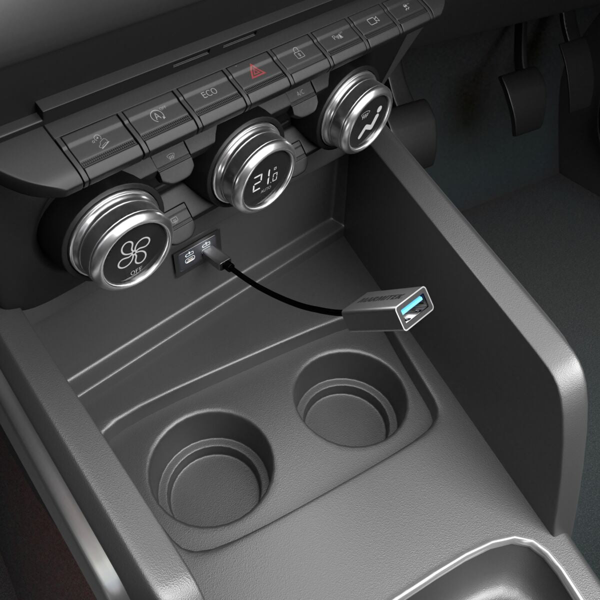 USB-C to USB-A adapter - Ambiance Image of an USB-C to USB-A adapter in a car | Marmitek