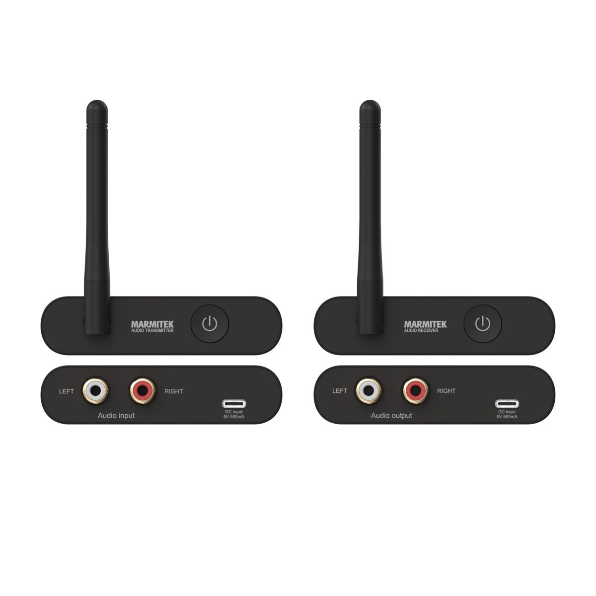 Audio Anywhere 630 - Audio Transmitter - Front and Back view of Transmitter and Receiver | Marmitek