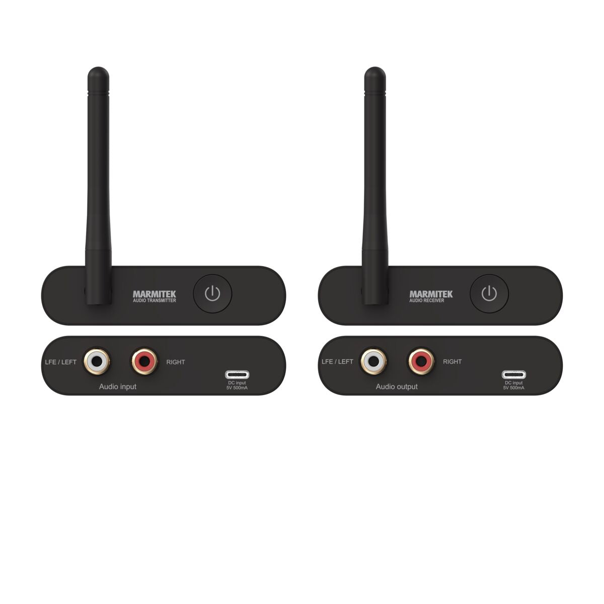 Subwoofer Anywhere 640 - Wireless Autio Transmitter and Receiver for Subwoofer - Front and Back View Image of Audio Transmitter and Audio Receiver | Marmitek