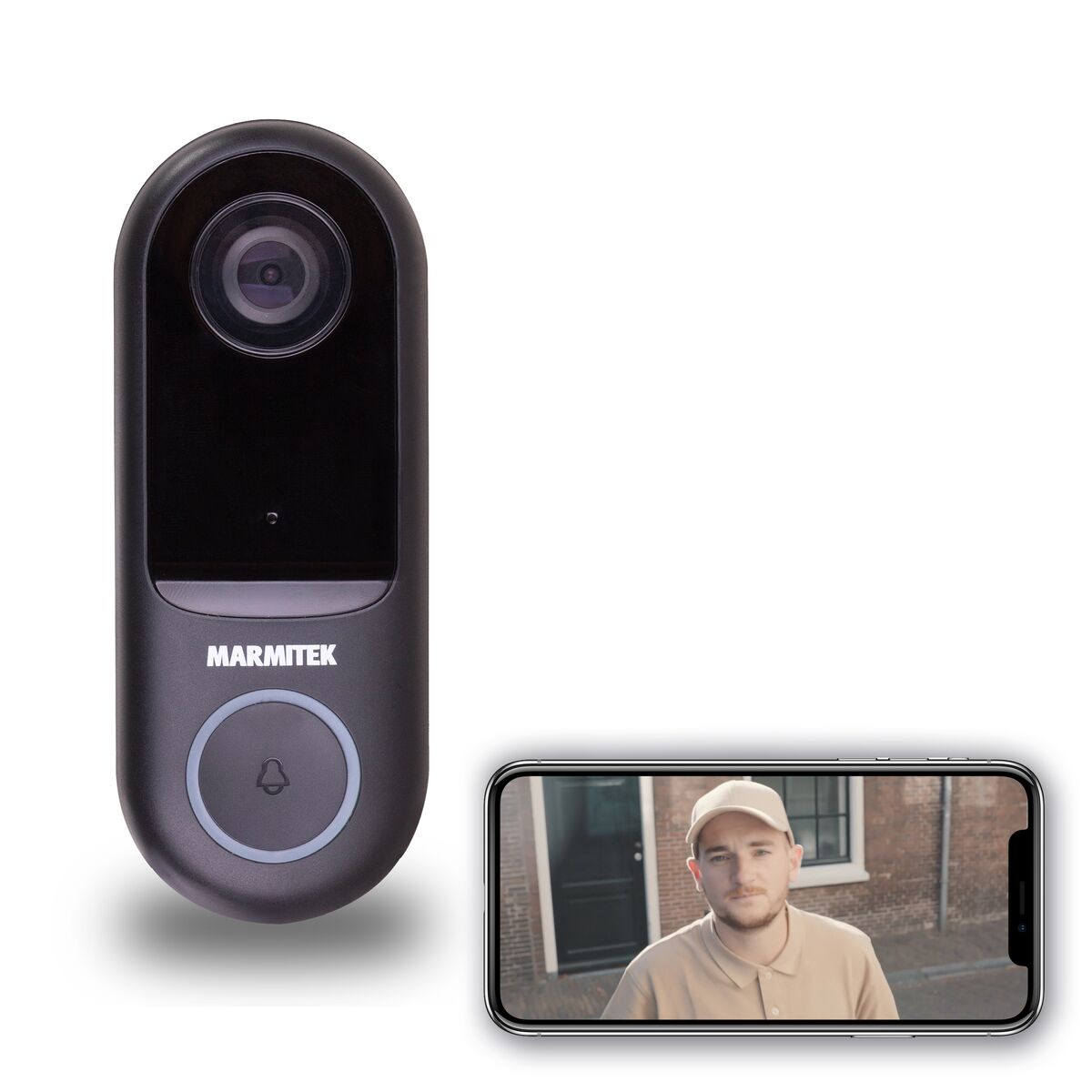 Buzz LO - Doorbell camera - Buzz Lo and a smartphone showing a courier at the front door | Marmitek