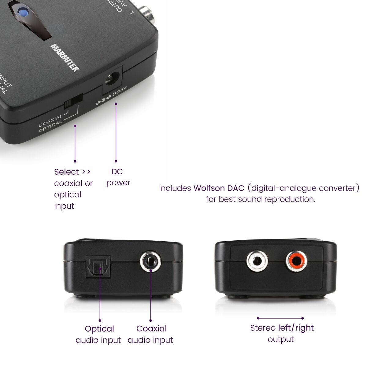 Connect DA21 - Audio converter - Digital to analog - Connections Image with text | Marmitek