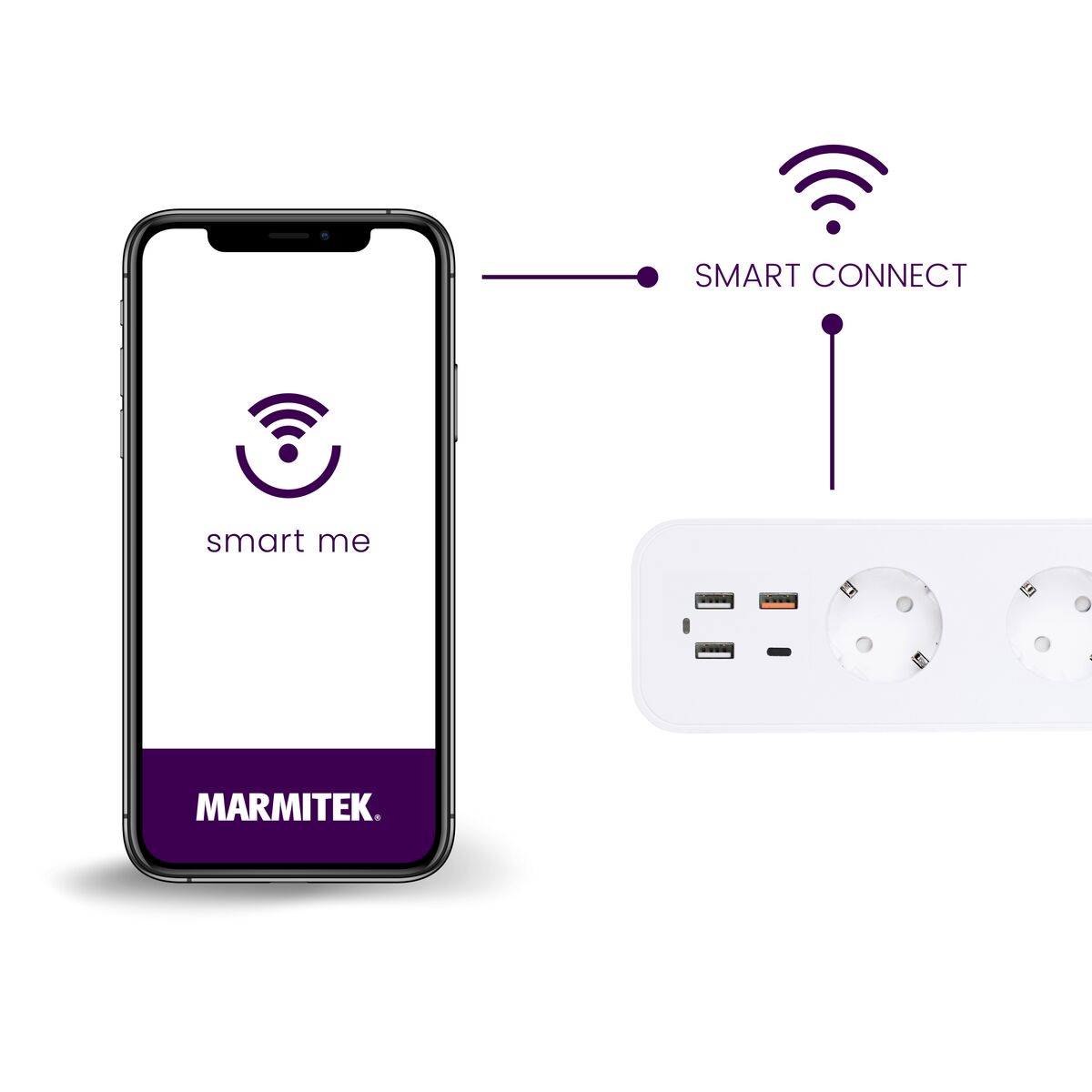 Power LI - Smart power strip - Power LI next to s smartphone showing the Smart me app | Marmitek